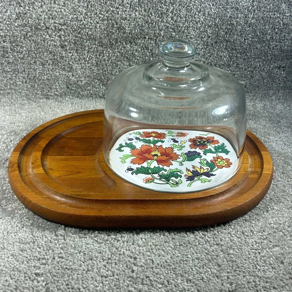 Dolphin Cheese Board Wood Glass Dome Floral Inlay MCM Serving Tray Brown